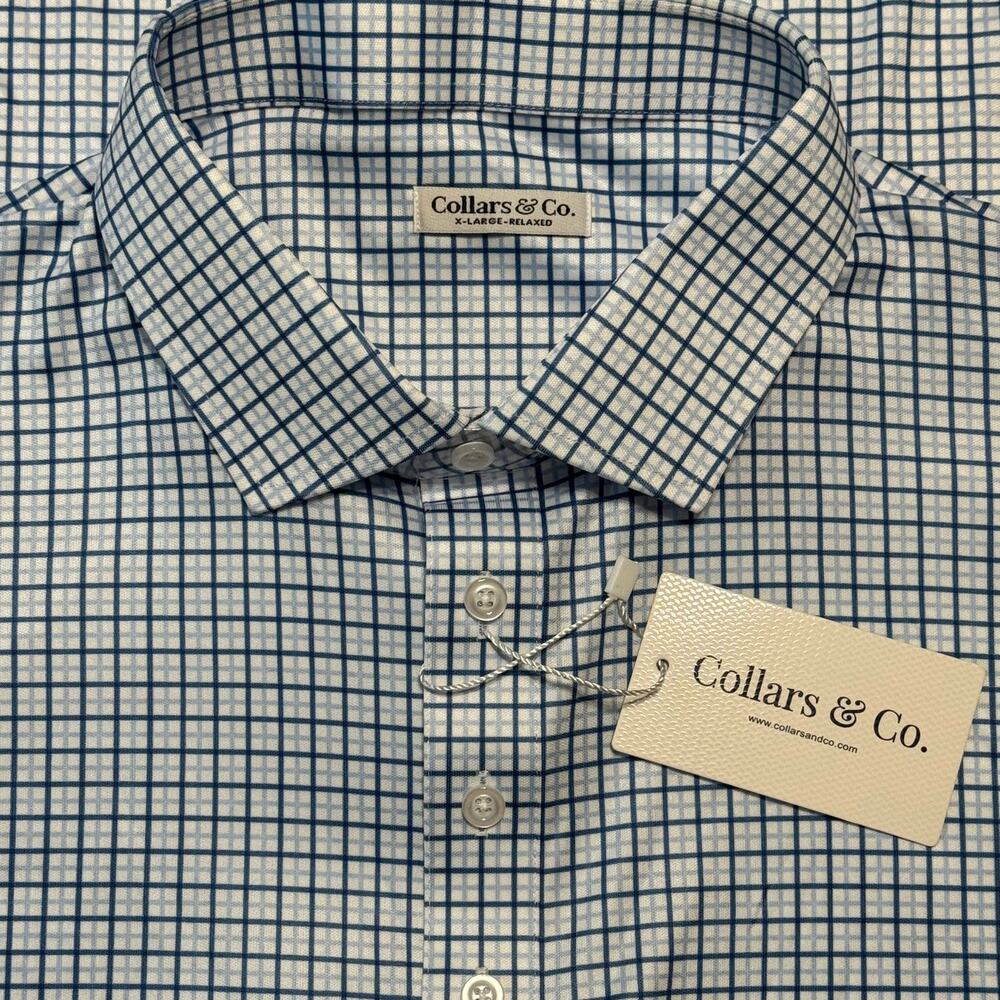 COLLARS & CO Mens Semi Spread Collar Button Polo Blue Tattersall NWT XL Relaxed - Picture 6 of 8